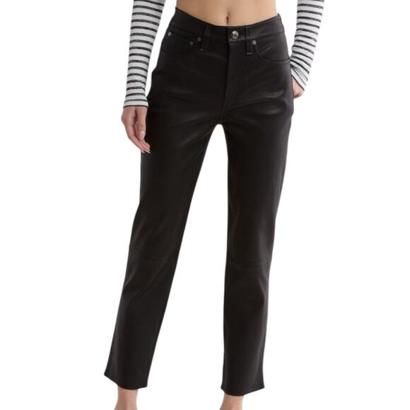 Rag & Bone Black High Waisted Slim Straight Ankle Crop Wren Lamb Leather Pants - Picture 1 of 12